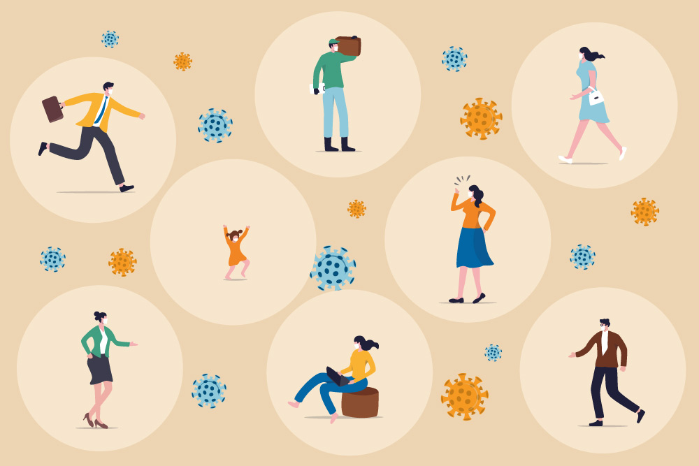 Women, men and a child illustrations in separate circlessurrounded by virus particle