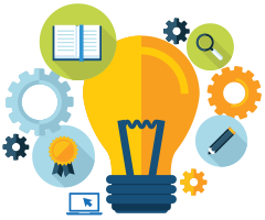 Yellow lightbulb illustration with gears, book, award and laptop around it