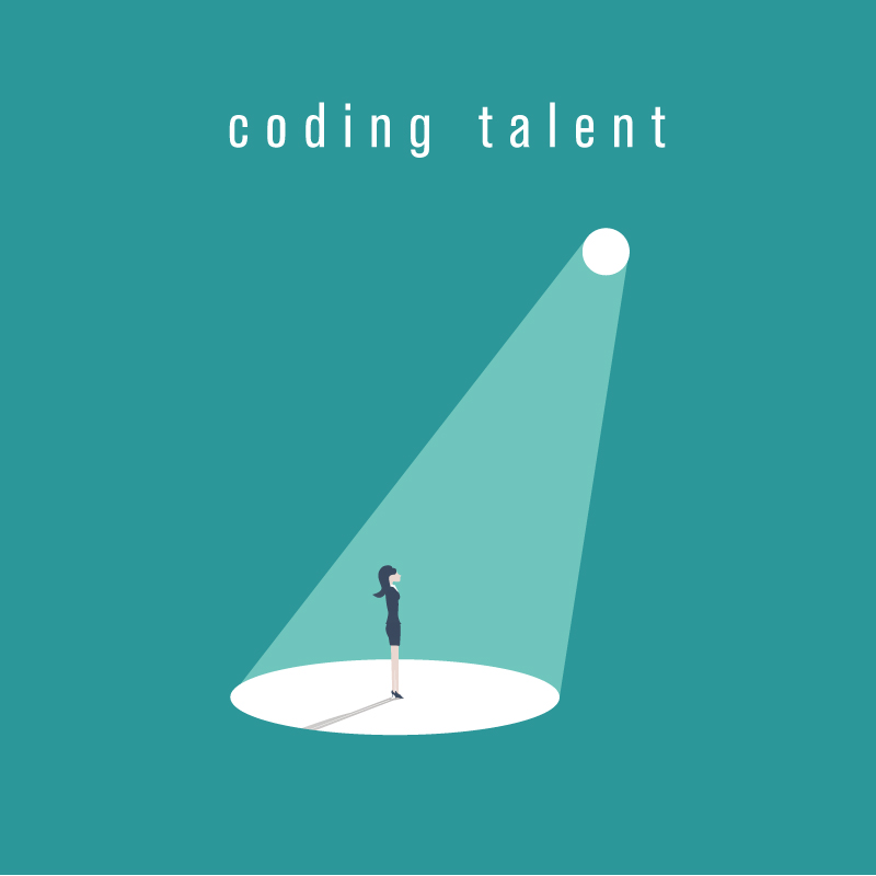 Lady standing in a spotlight under a Coding talent text