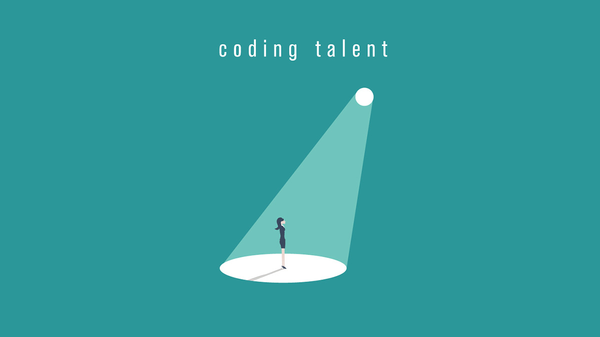 Lady standing in a spotlight under a Coding talent text